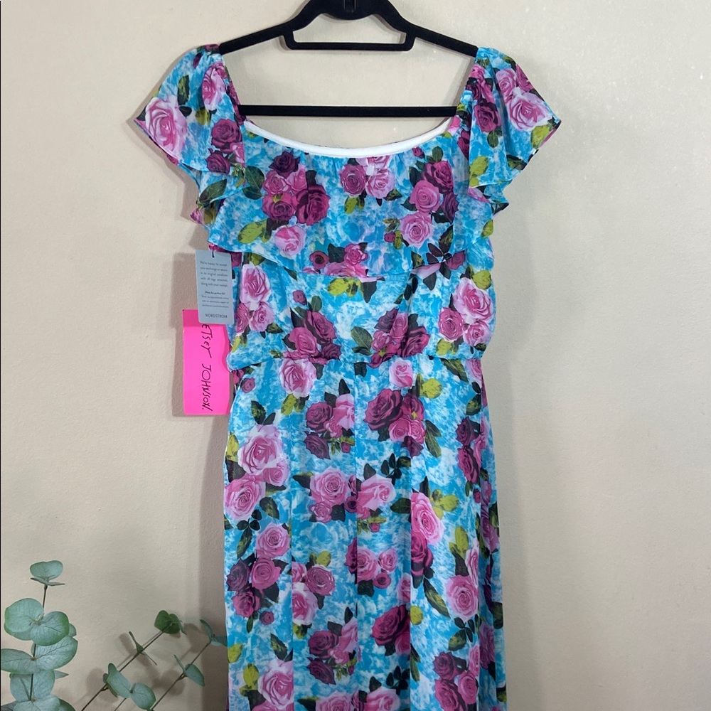 Betsey Johnson Floral Maxi Dress Off Shoulder Blue Pink Roses Malibu Print NWT 8 - Picture 6 of 7